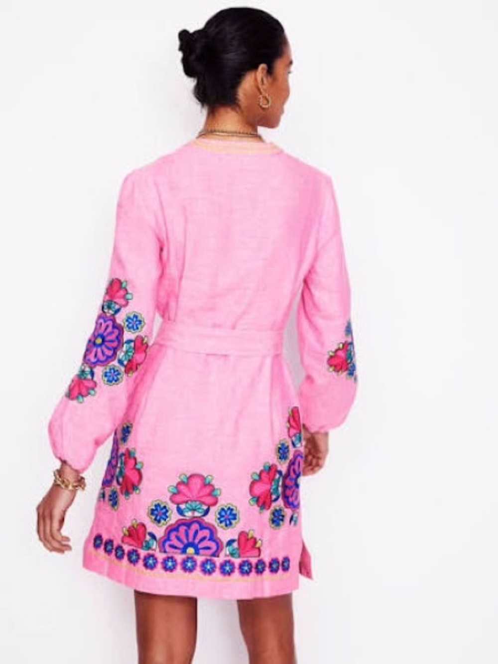 Boden Pink Embroidered Long-Sleeve Belted Dress - Picture 2 of 4